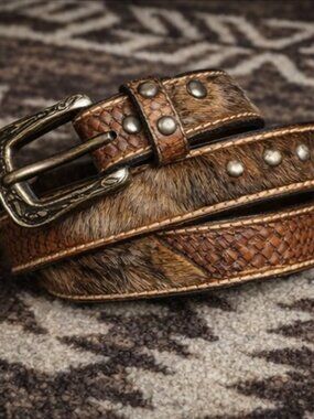 Western Hair On Cowhide Leather Belt Brown Tooled Basketweave- Child